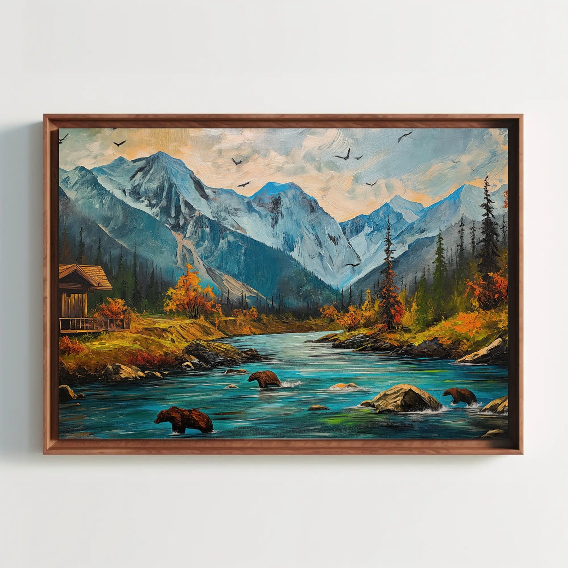 Bears Fishing in Mountain River Autumn Wilderness Painting Poster - Image 3