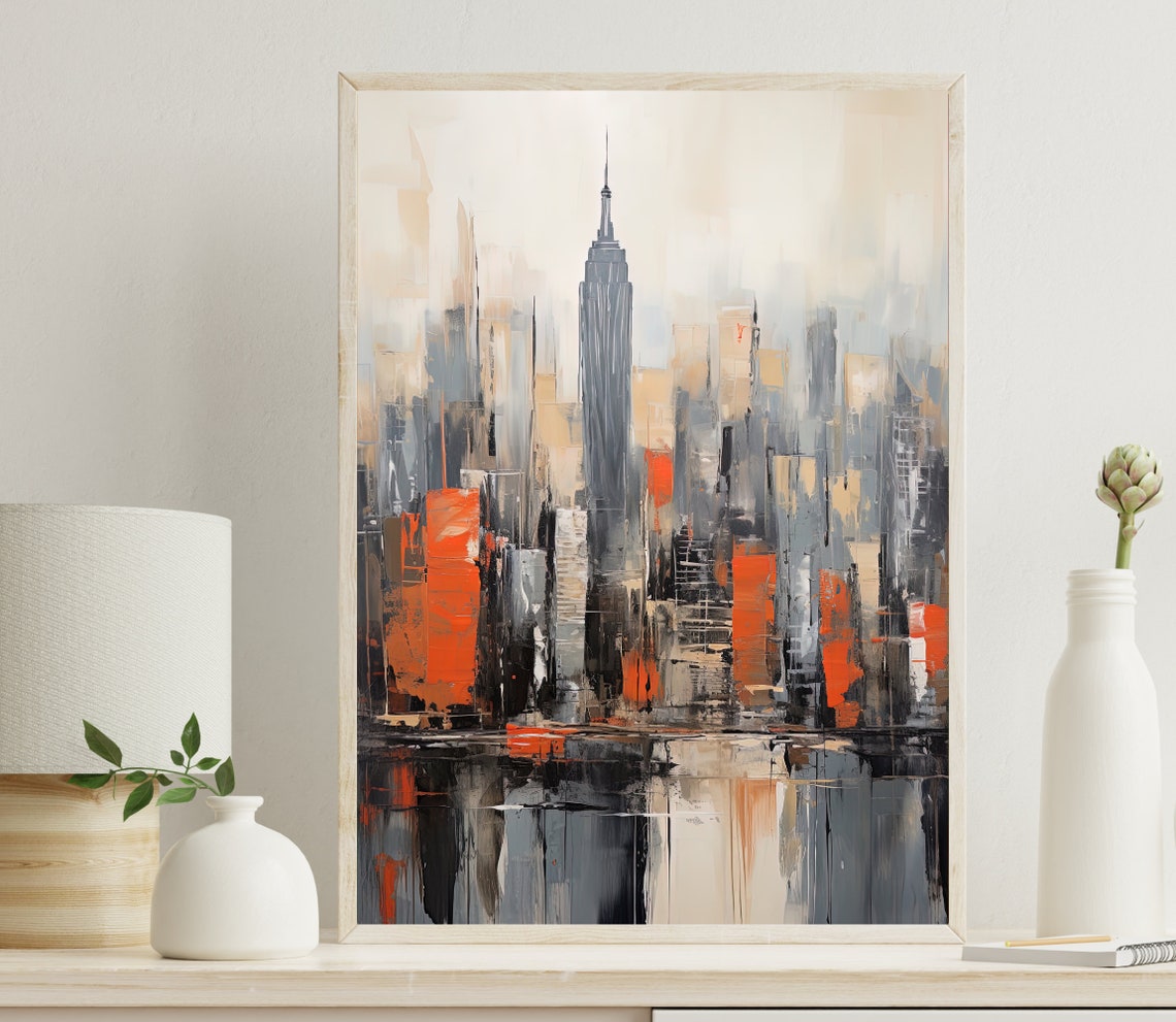 New York City Abstract Gray Orange Skyline Empire State Poster