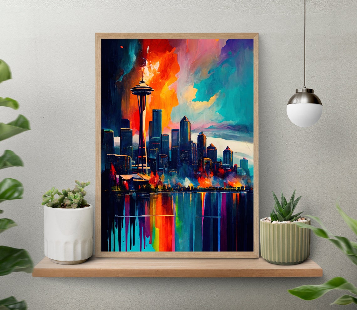Seattle Space Needle Skyline Colorful Night Sky Scene Poster - Image 5