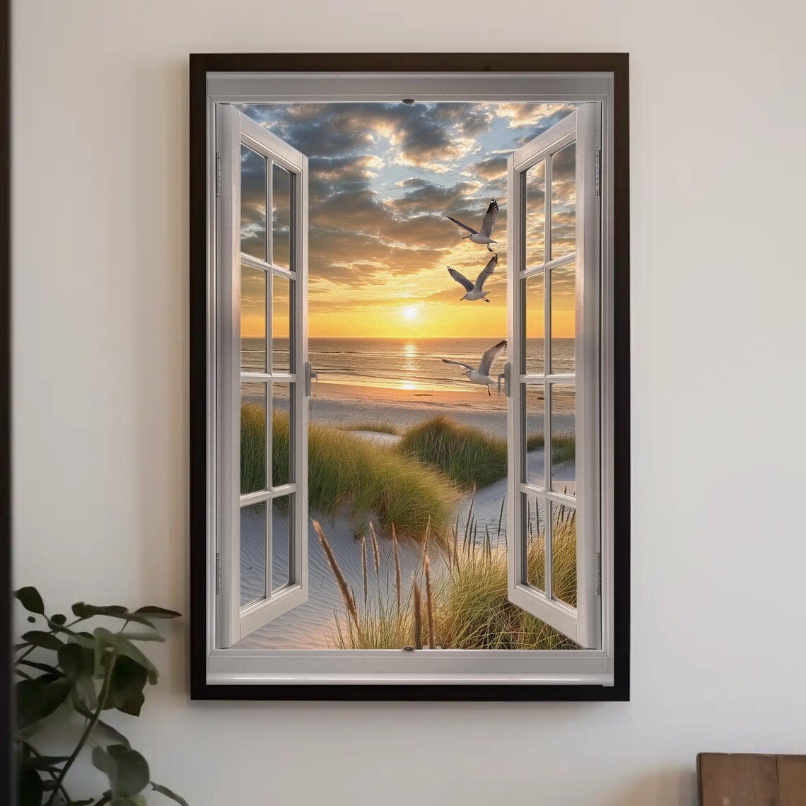 Sandy Beach With Seagulls, Faux Window Art Print - Image 2