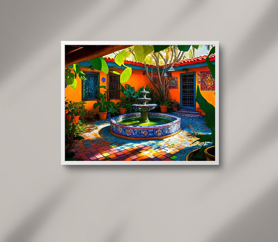 Mexican Courtyard With a Colorful Mosaic Tile Fountain Poster - Image 3