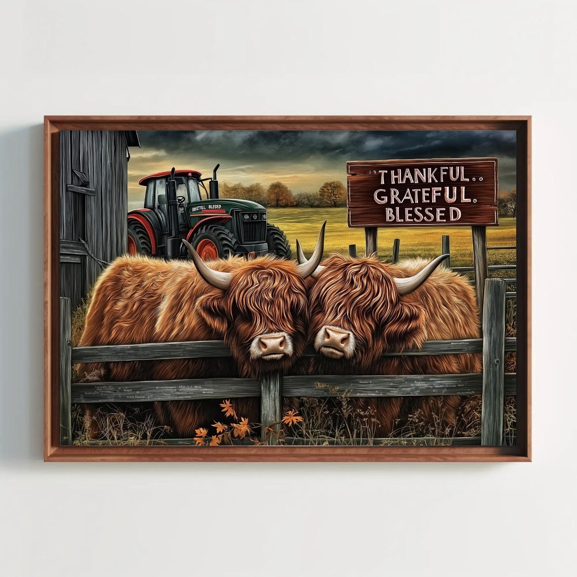 Highland Cows at a Fence with Thankful Grateful Blessed Sign Poster