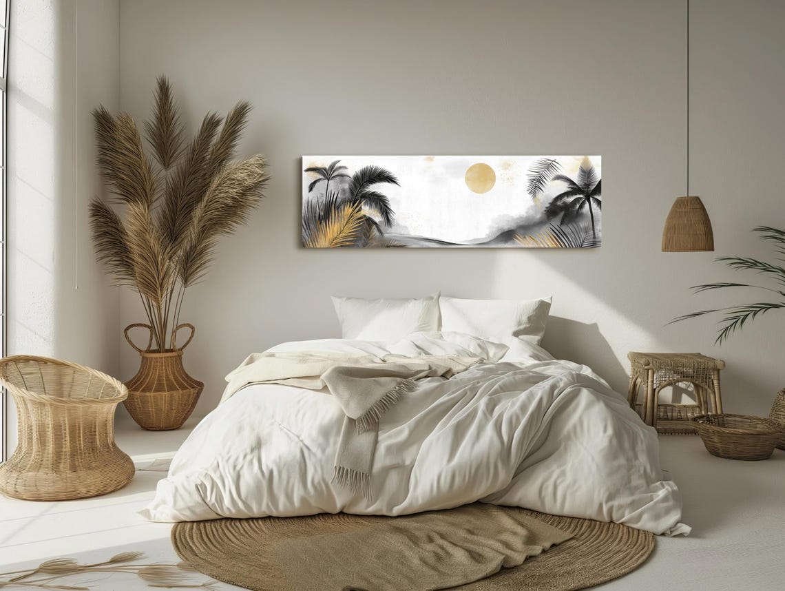 Black And Gold Tropical Palms Panoramic Beach Poster With Golden Sun - Image 2