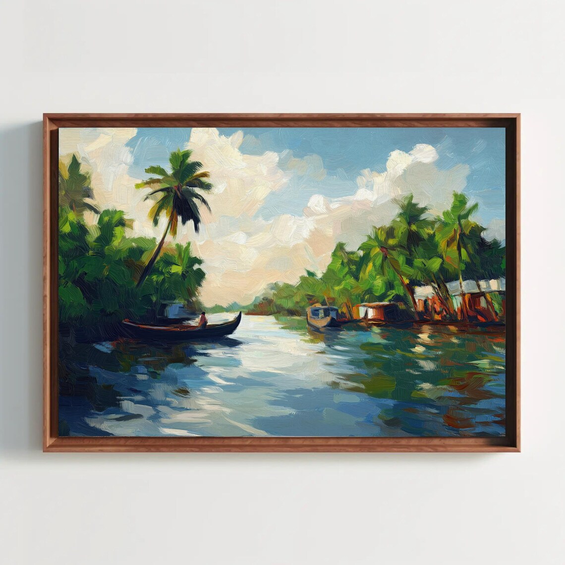 Kerala Backwaters Palm Trees Lone Canoe Tropical Oil Painting Poster