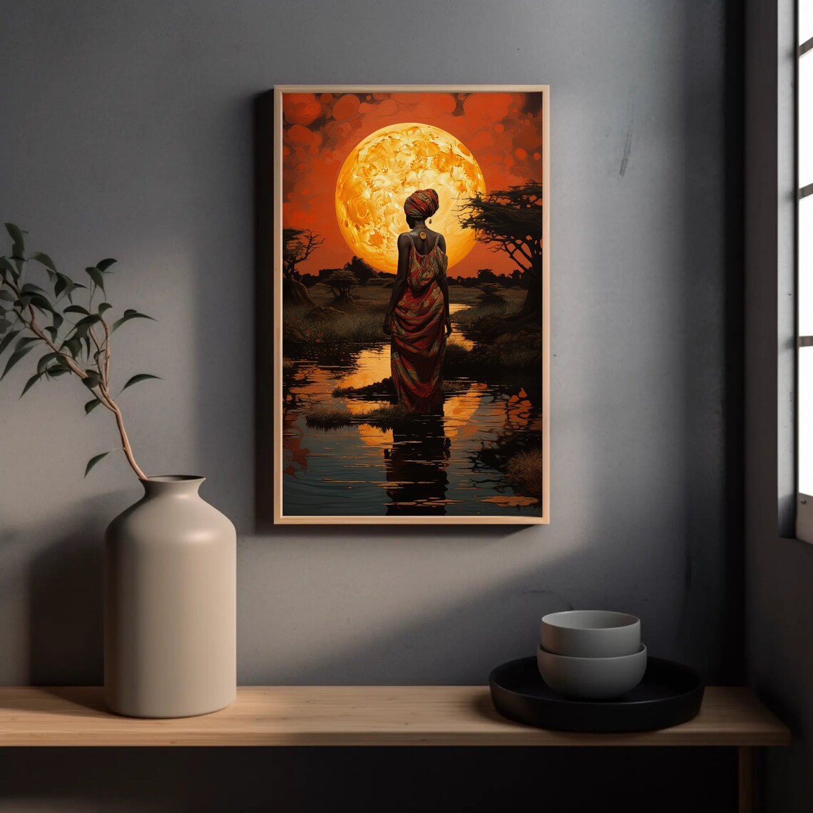 African Woman Before Giant Orange Moon Over Still Water Poster - Image 4
