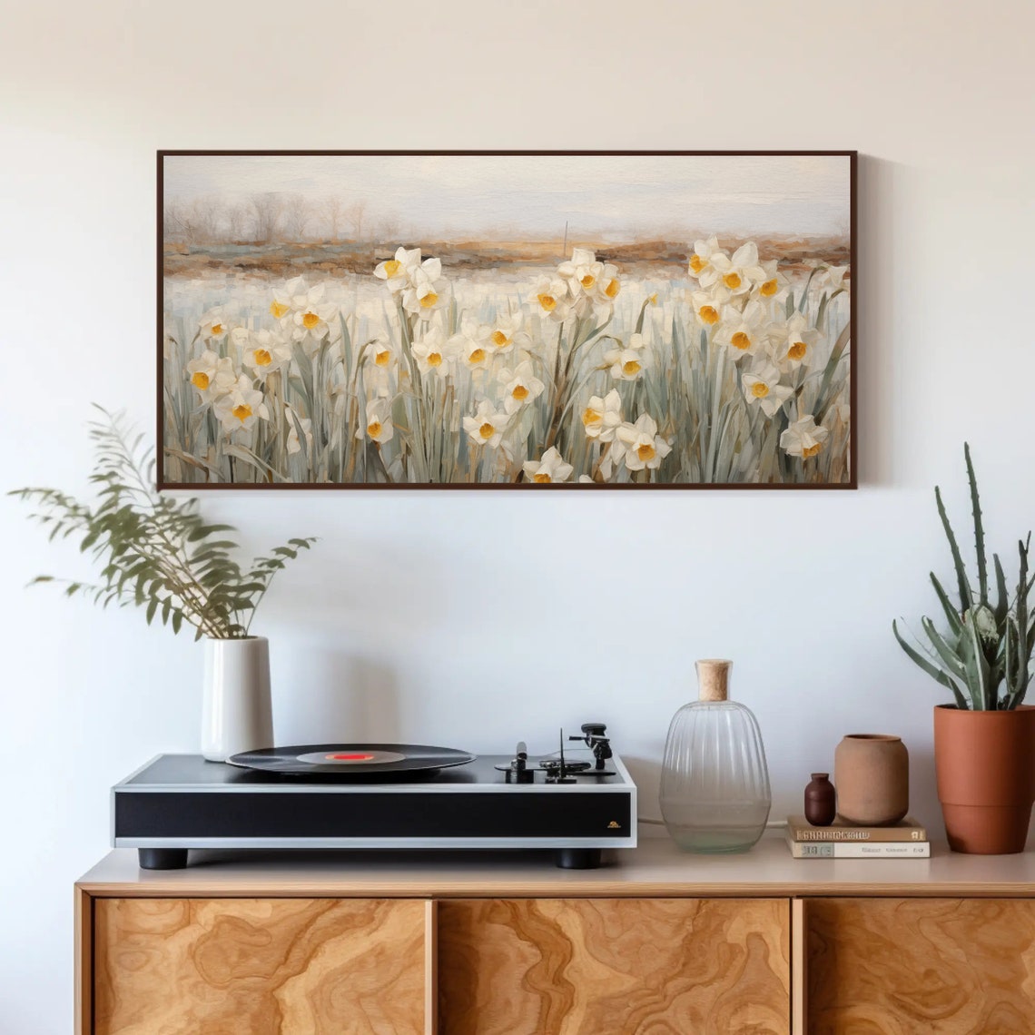 Daffodil Field Painting Nature Artwork Flower Field Large Oil Painting Vintage Oil Painting White Flower Art Decor - Image 3