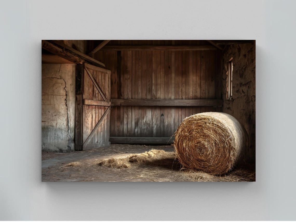 Weathered Old Barn Interior With Round Hay Bale Country Poster