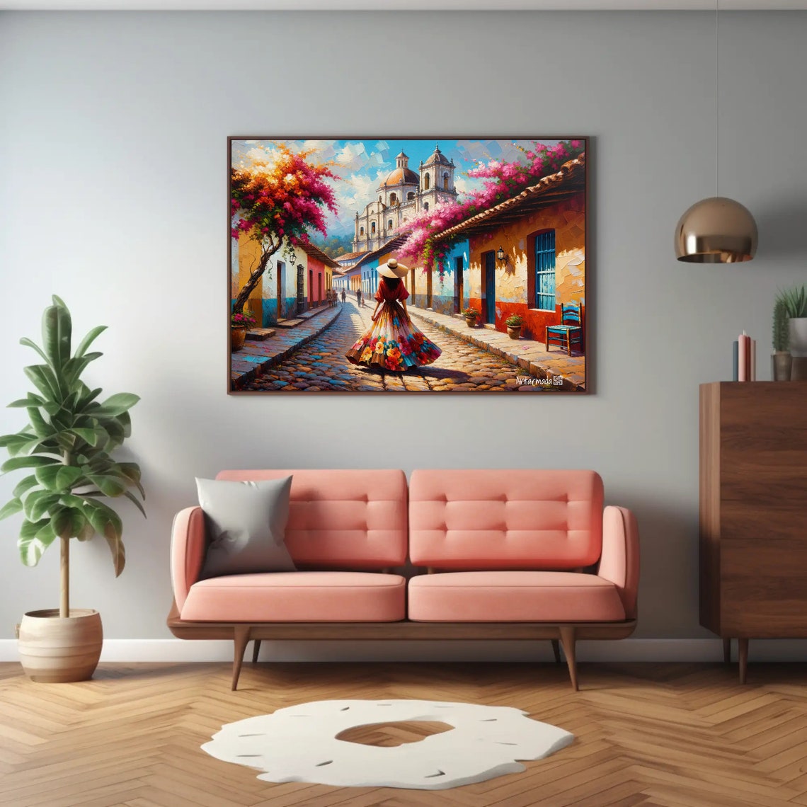 Colorful Mexican Street Cathedral Bougainvillea Town Scene Poster - Image 2