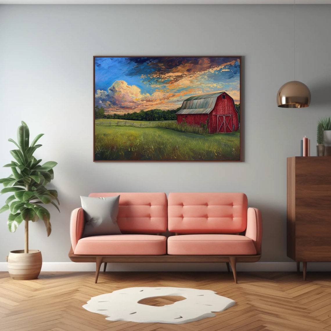 Red Barn Sunset Farmhouse Pasture Panoramic Landscape Poster - Image 2
