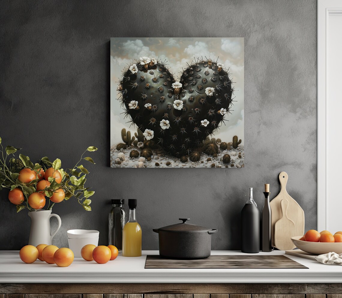 Black Heart-Shaped Cactus with White Flowers Desert Art Poster - Image 3