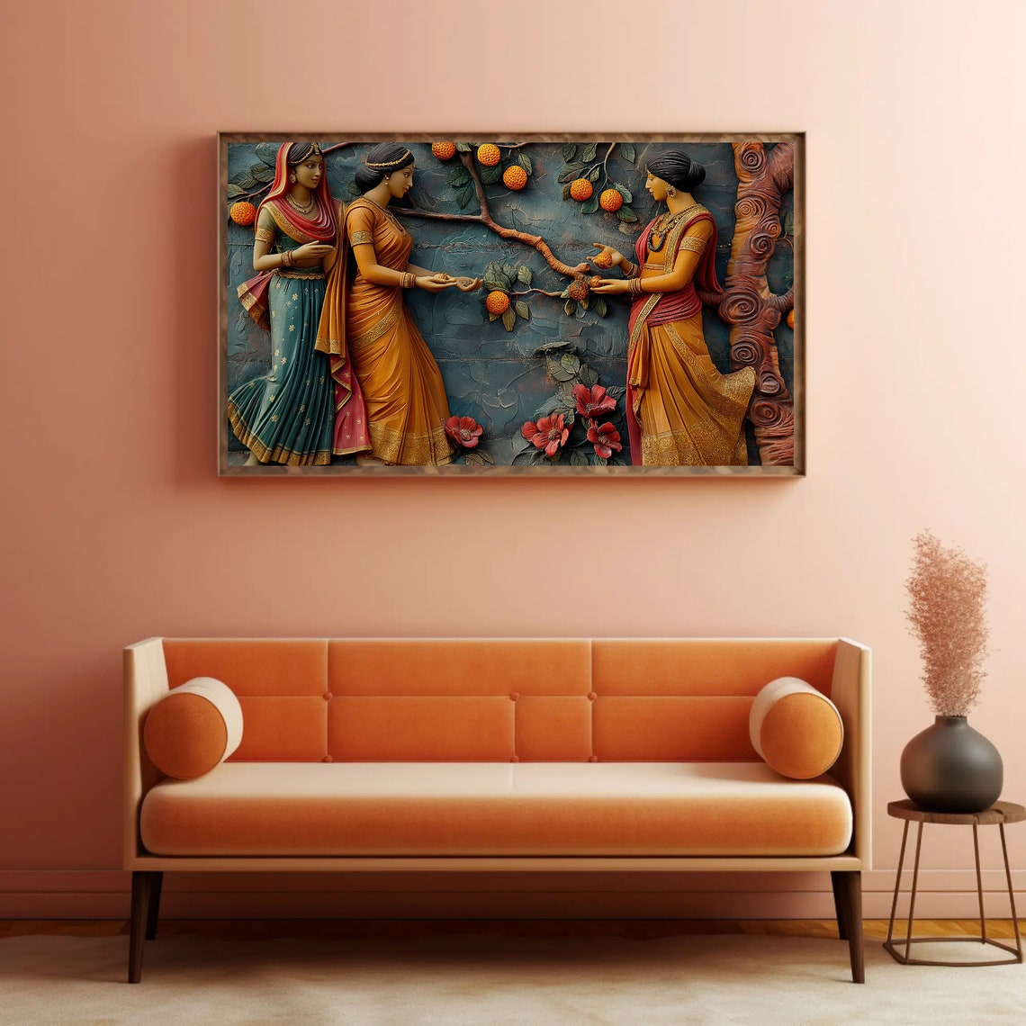 Indian Women Under Orange Tree 3D Sculpture Relief Style Poster - Image 5