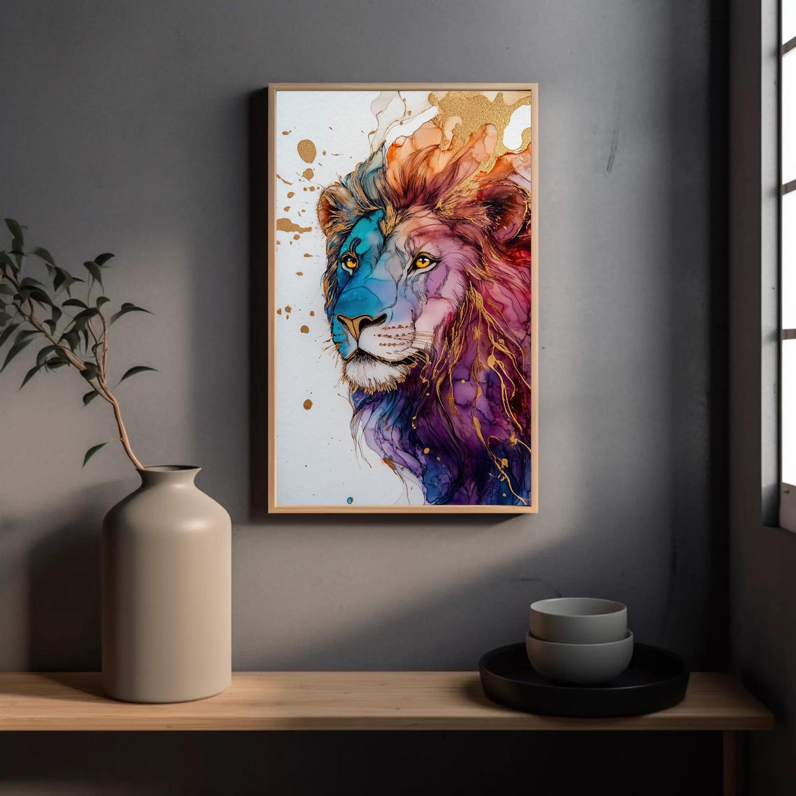 Vibrant Alcohol Ink Lion Portrait With Gold Accents Abstract Poster - Image 3