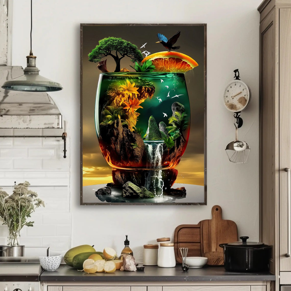 Surreal Tropical Cocktail Glass Holding a Miniature Island Poster - Image 3