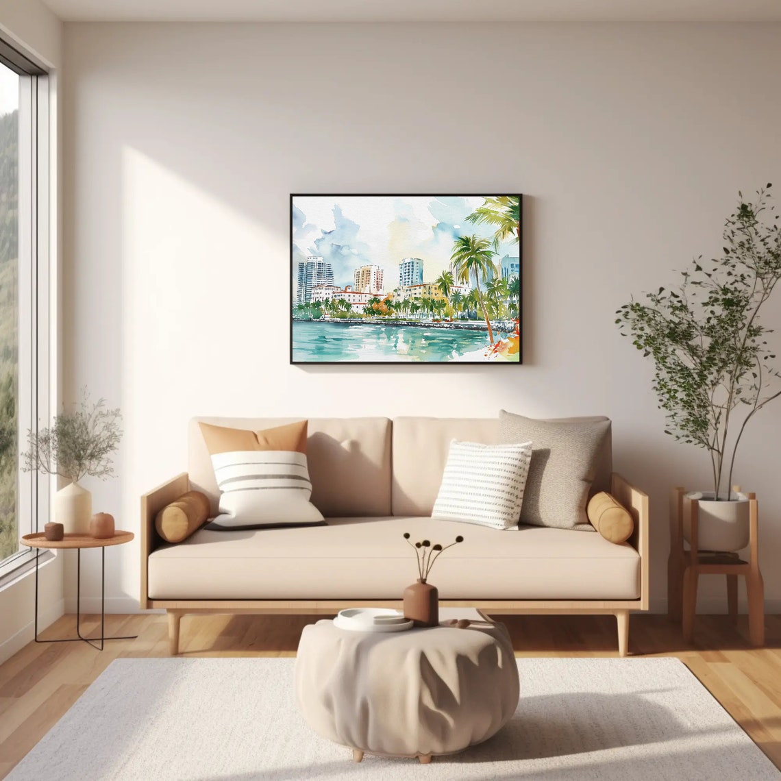 Miami Beach Palm Trees Waterfront Watercolor Sunny Skyline Poster - Image 2