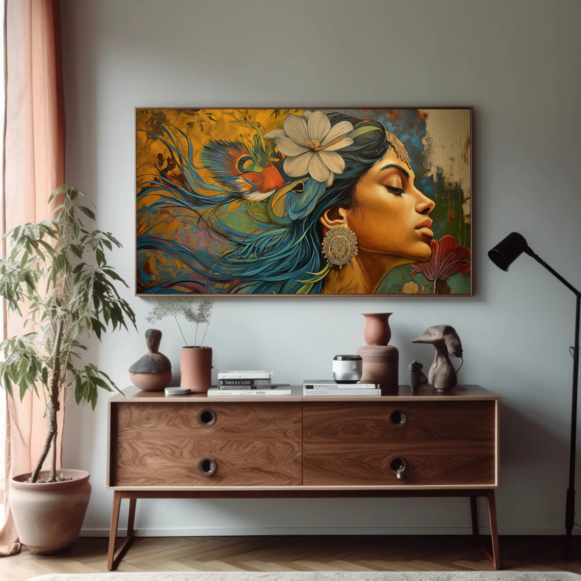 Indian Woman with Peacock Feather Golden Abstract Portrait Poster - Image 4