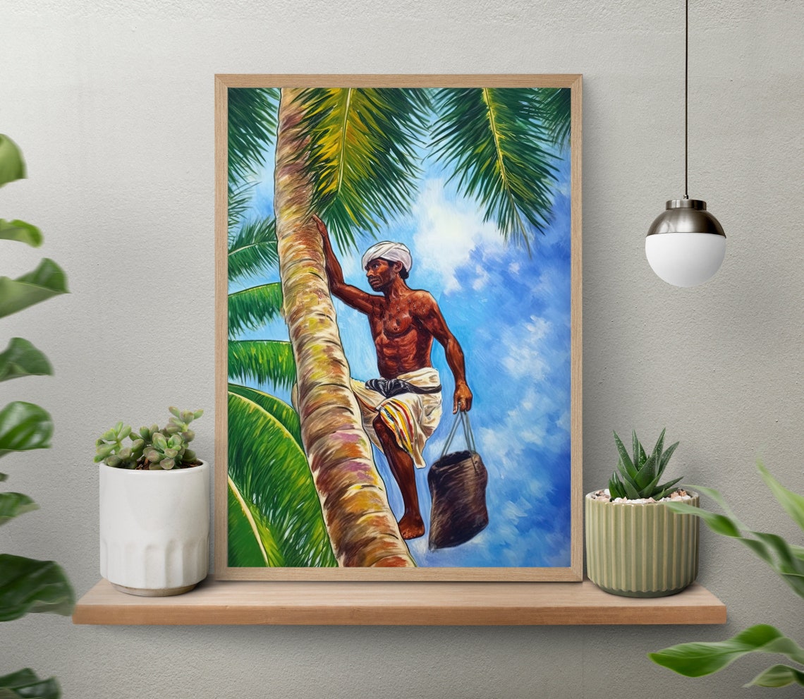Kerala Toddy Collector Climbing a Tall Coconut Palm Tree Poster - Image 4
