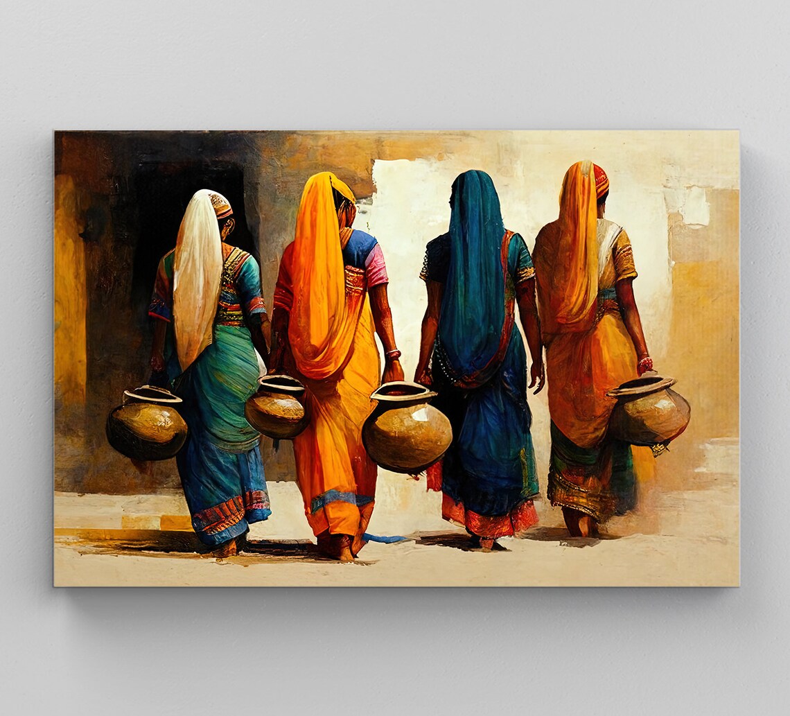 Indian Women Carrying Water Pots Colorful Saris Folk Art Poster