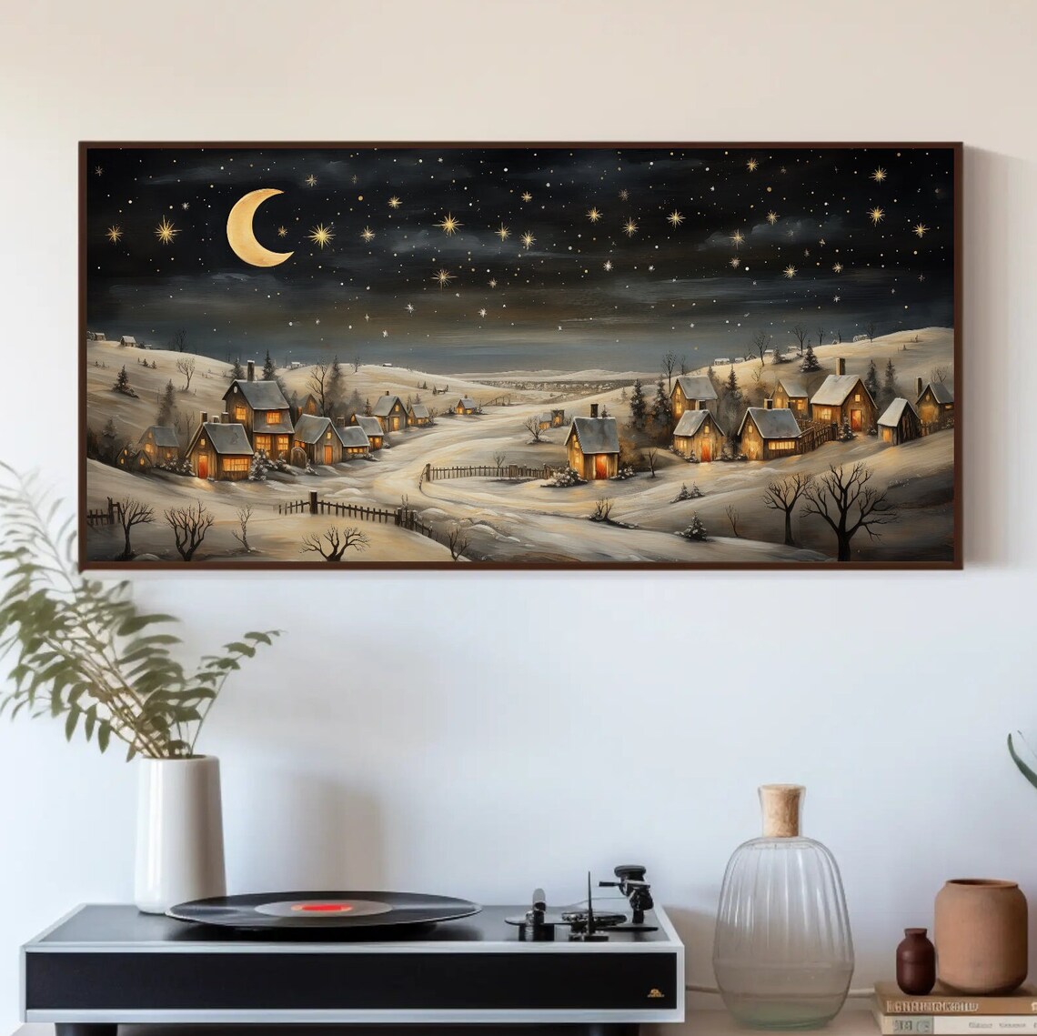 Starry Christmas Eve Snowy Farmhouse Village Holiday Scene Poster