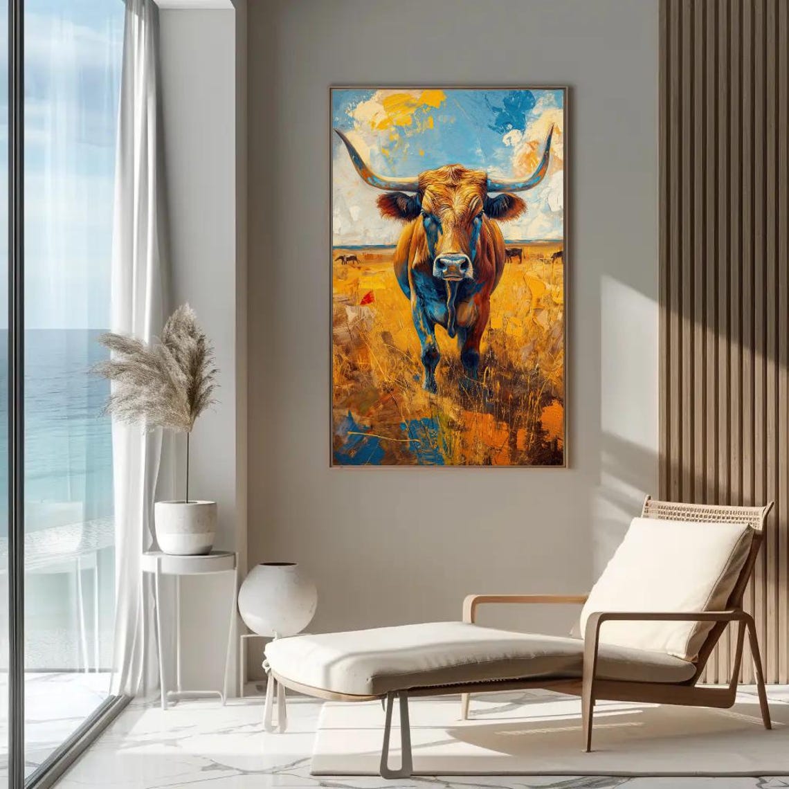 Majestic Texas Longhorn Standing In A Golden Prairie Field Poster - Image 4