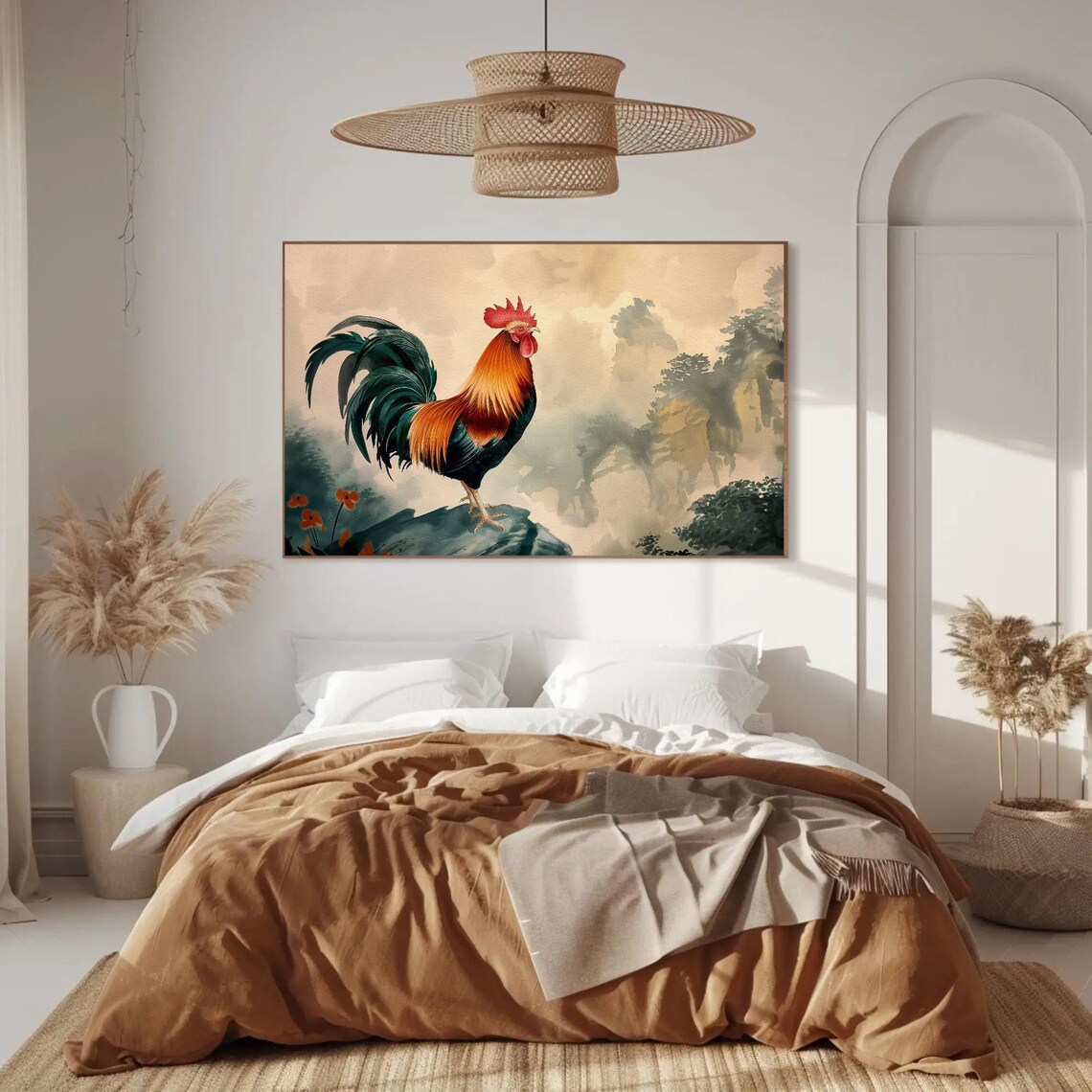 Vibrant Rooster Standing On Rock Asian Watercolor Bird Art Poster - Image 3