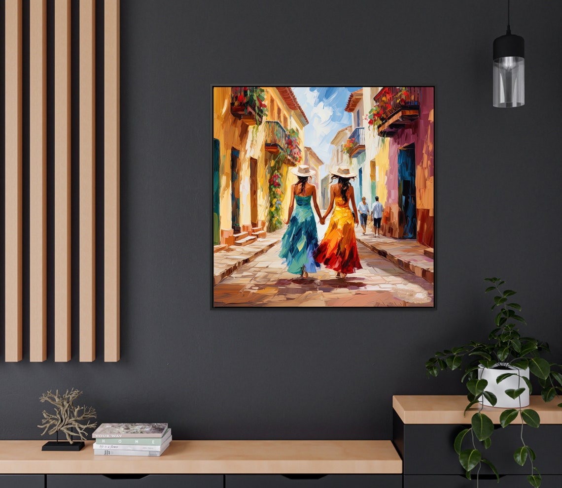 Colombian Women Strolling Colorful Colonial Street Dresses Poster - Image 2