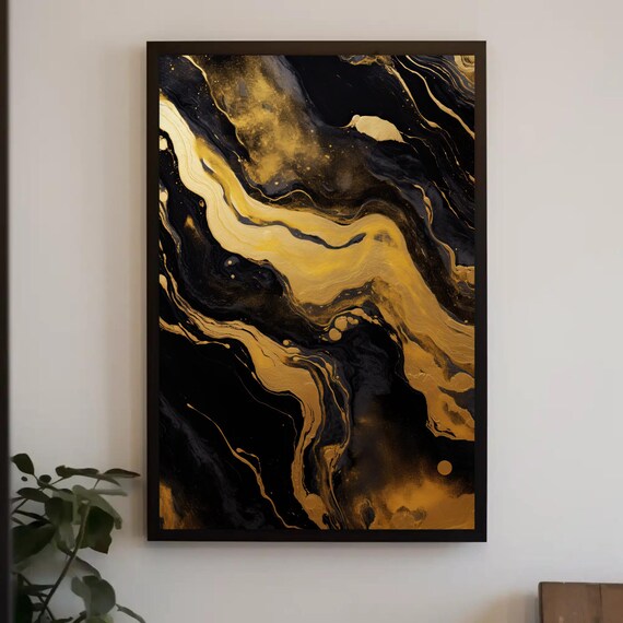 Gold And Black Marble Print Elegant Modern Wall Art Abstract Luxury Decor For Living Room Or Office Ready To Hang