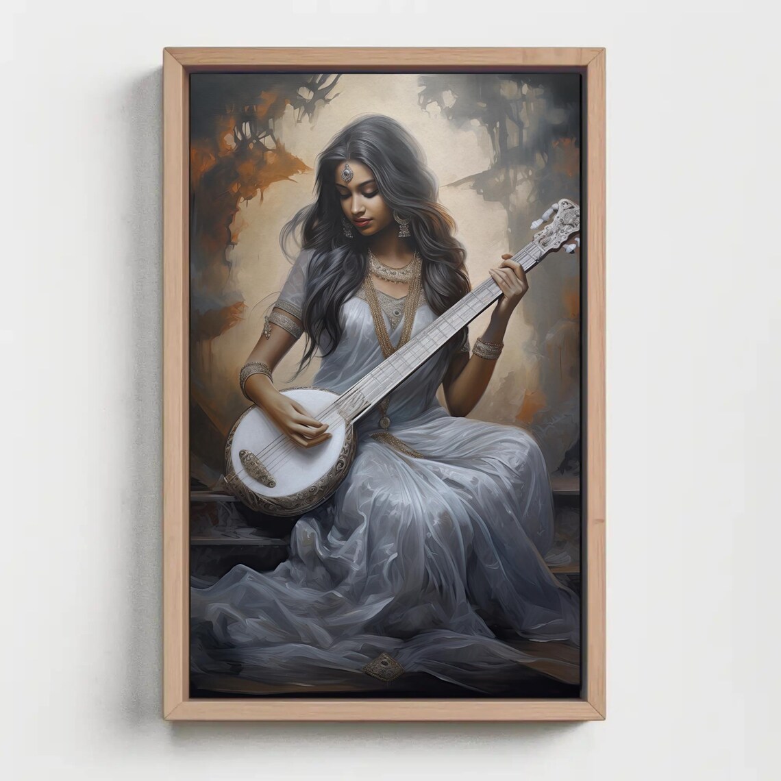 Indian Woman Playing Sitar Poster in Flowing White Dress Golden Light - Image 5