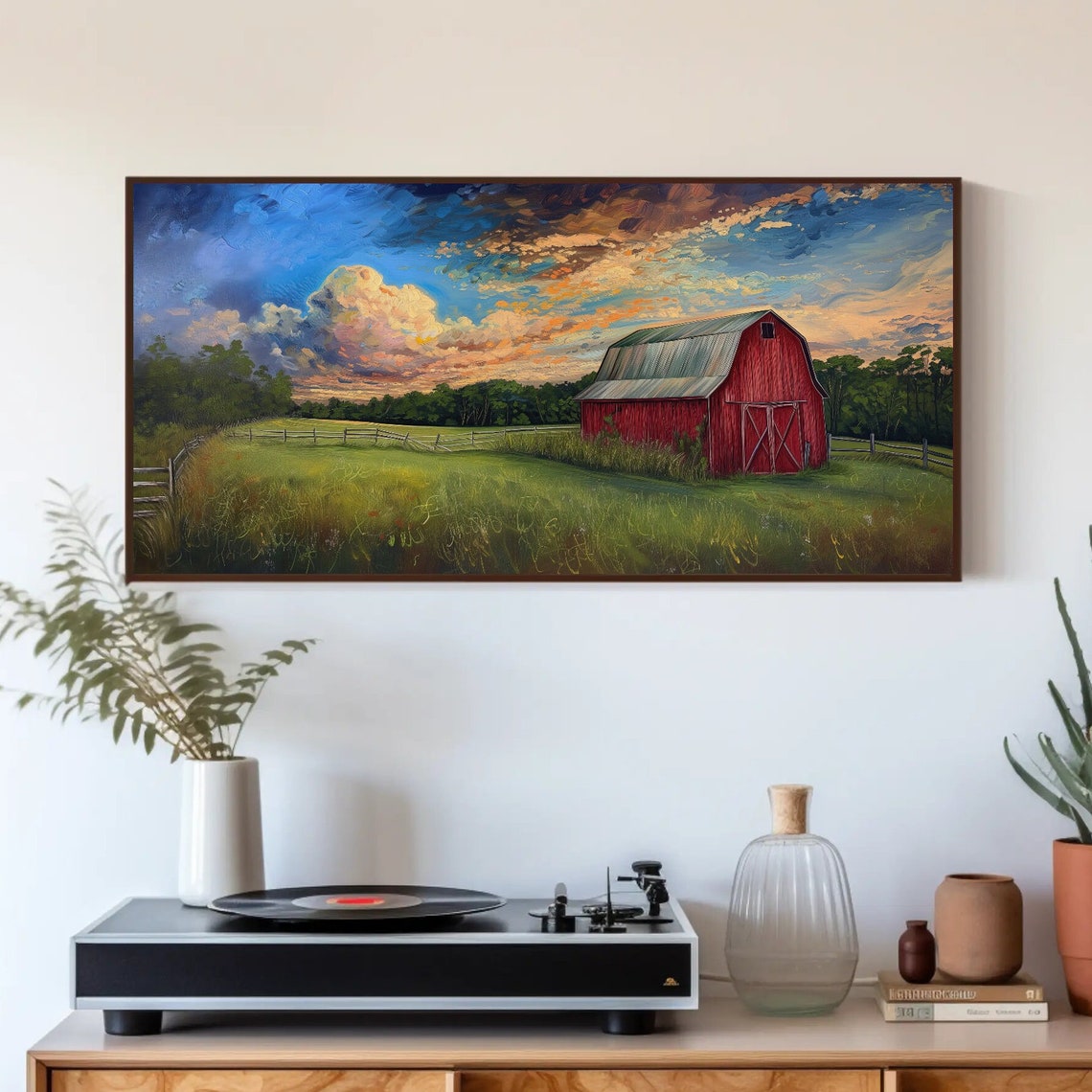 Red Barn Sunset Farmhouse Pasture Panoramic Landscape Poster