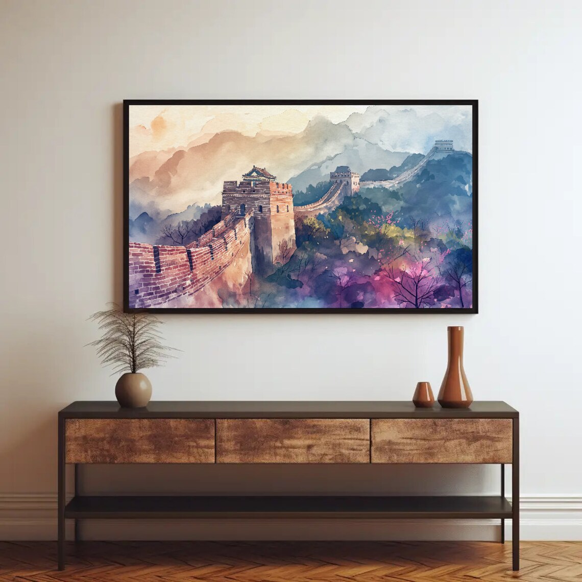 China Great Wall Watercolor Art Print, Chinese Travel
