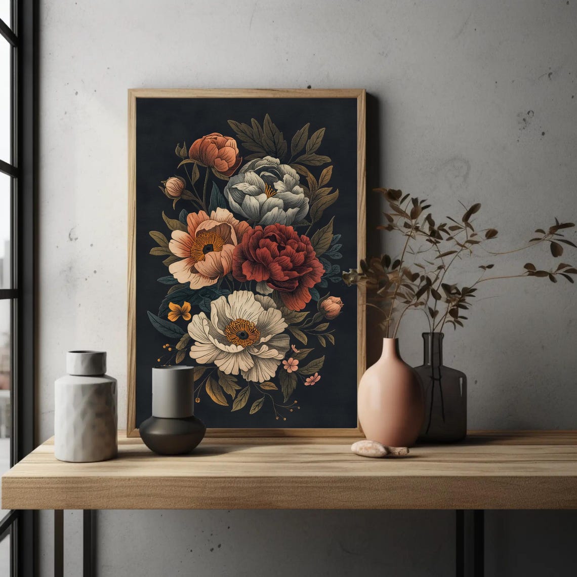Dark Moody Peonies Vintage Botanical Black Background Floral Wall Art - Image 2