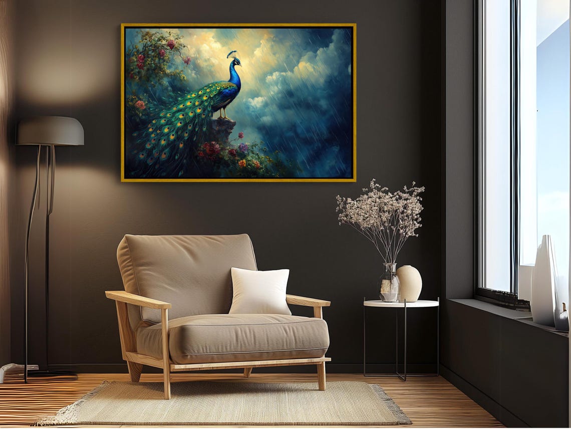 Stunning Peacock In Dramatic Monsoon Rain On A Rocky Perch Poster - Image 2