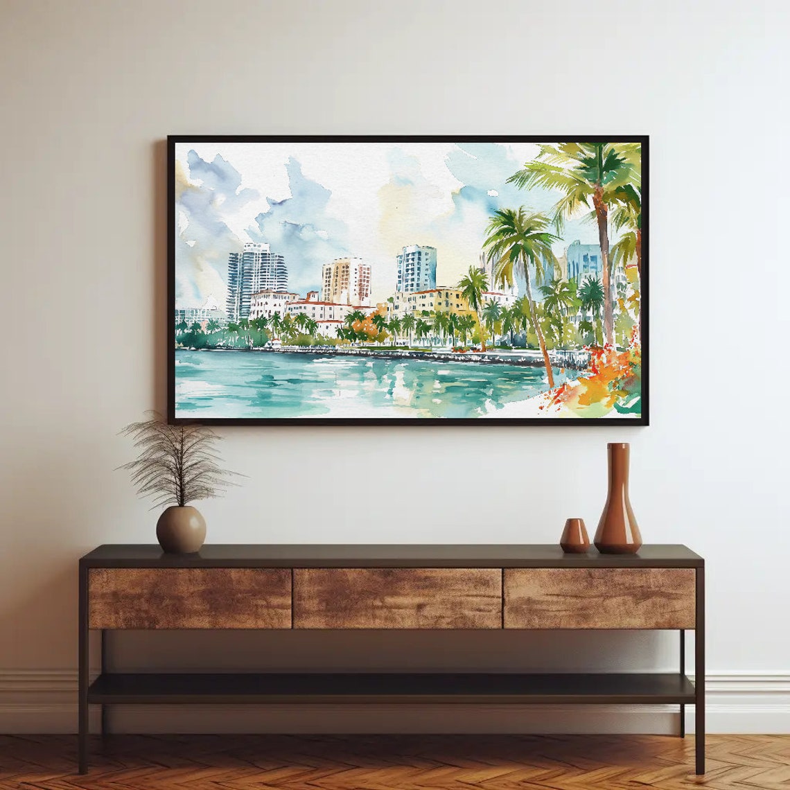 Miami Beach Palm Trees Waterfront Watercolor Sunny Skyline Poster - Image 4