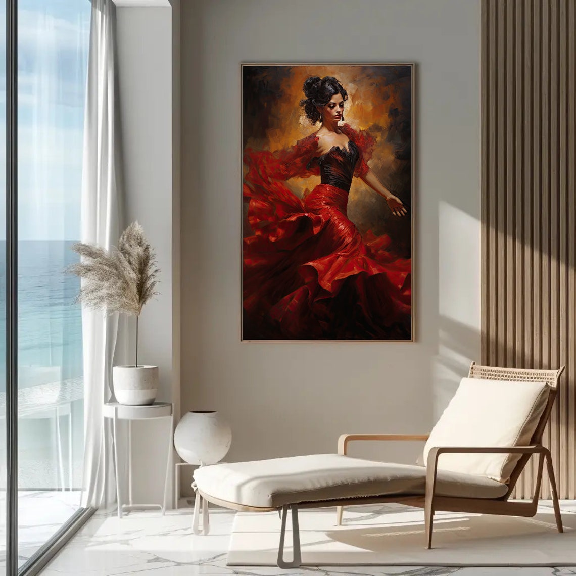 Flamenco Dancer Twirling in Crimson Gown Dramatic Art Poster - Image 2