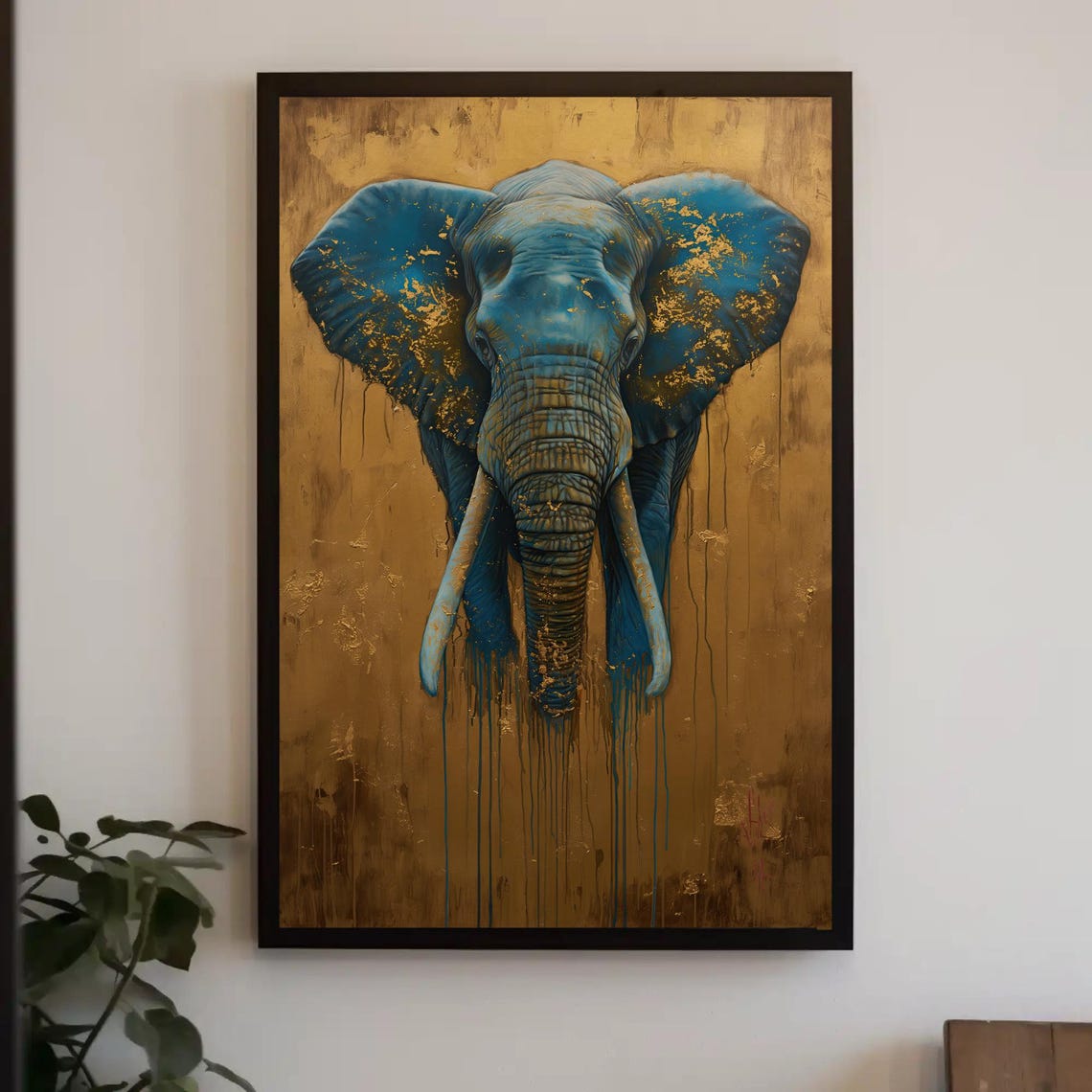 Blue Elephant Head On Gold Leaf Abstract Wildlife Art Poster