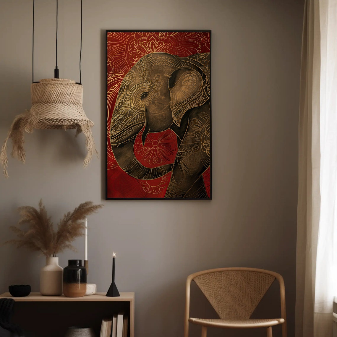 Indian Royal Elephant Gold Mandala on Red Spiritual Wall Poster - Image 3