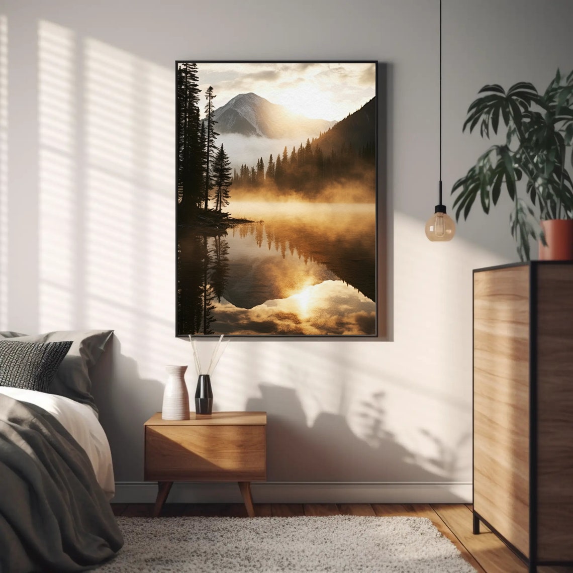 Golden Sunrise Mountain Lake Misty Reflection Nature Scene Poster - Image 5