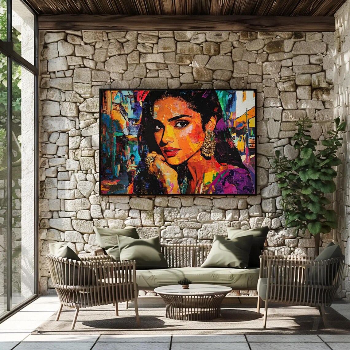 Indian Woman Graffiti Style Portrait Gold Jhumka Earrings Poster - Image 2