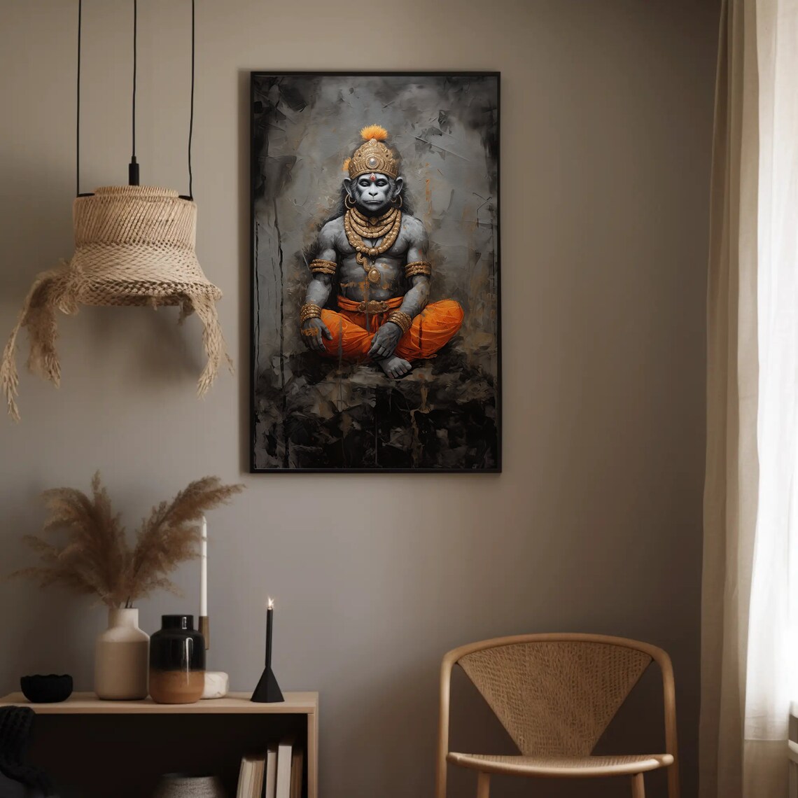 Lord Hanuman Meditating Hindu Deity Grey Gold Spiritual Poster - Image 3