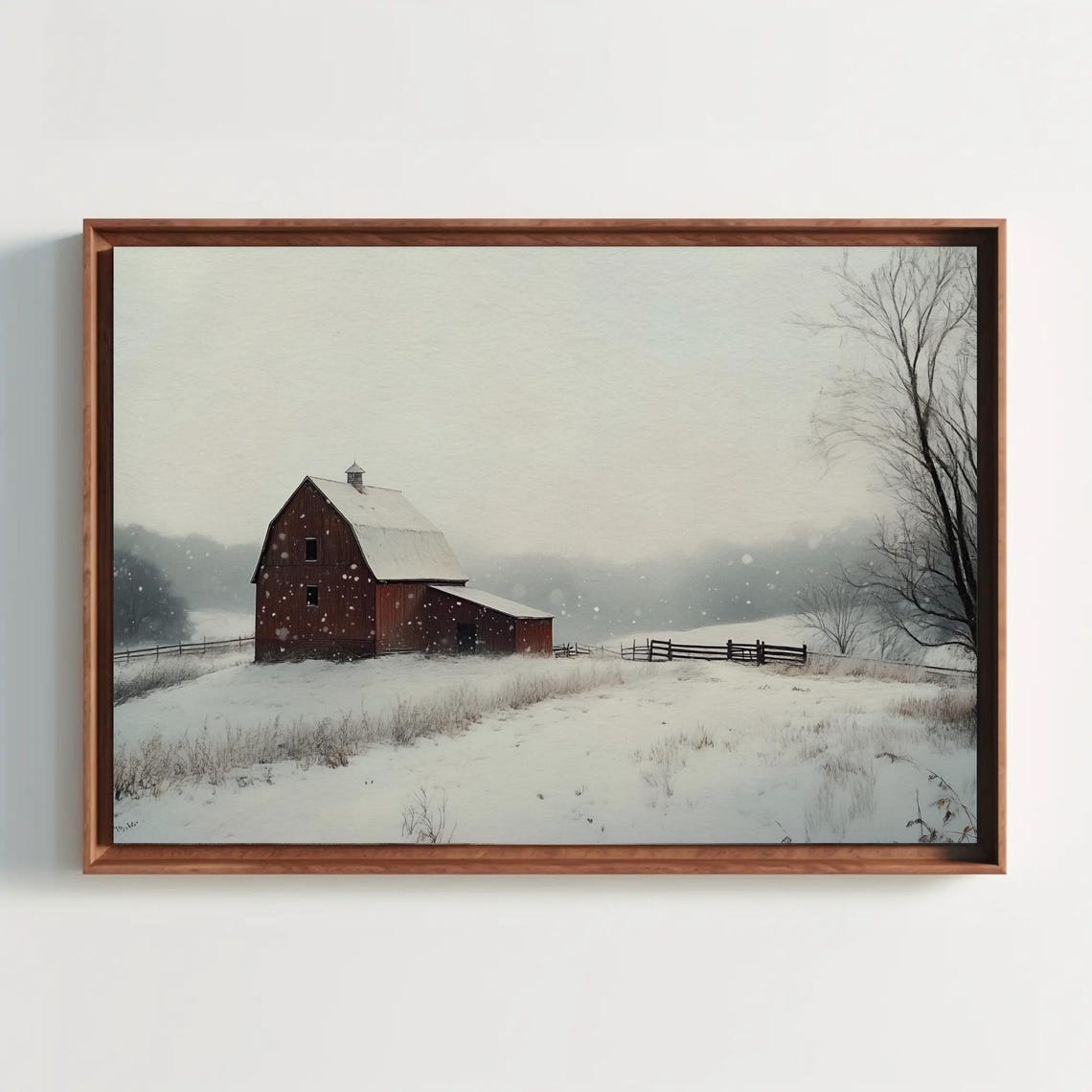 Rustic Red Barn In Softly Falling Snow By A Wooden Fence Poster