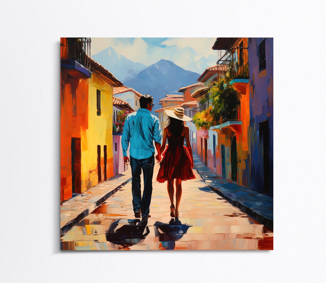 Colombian Couple Walking On Street Of Colombia Wall Art Colombian Couple Travel Print Colombian Couple Large Art Print Colombian - Image 4