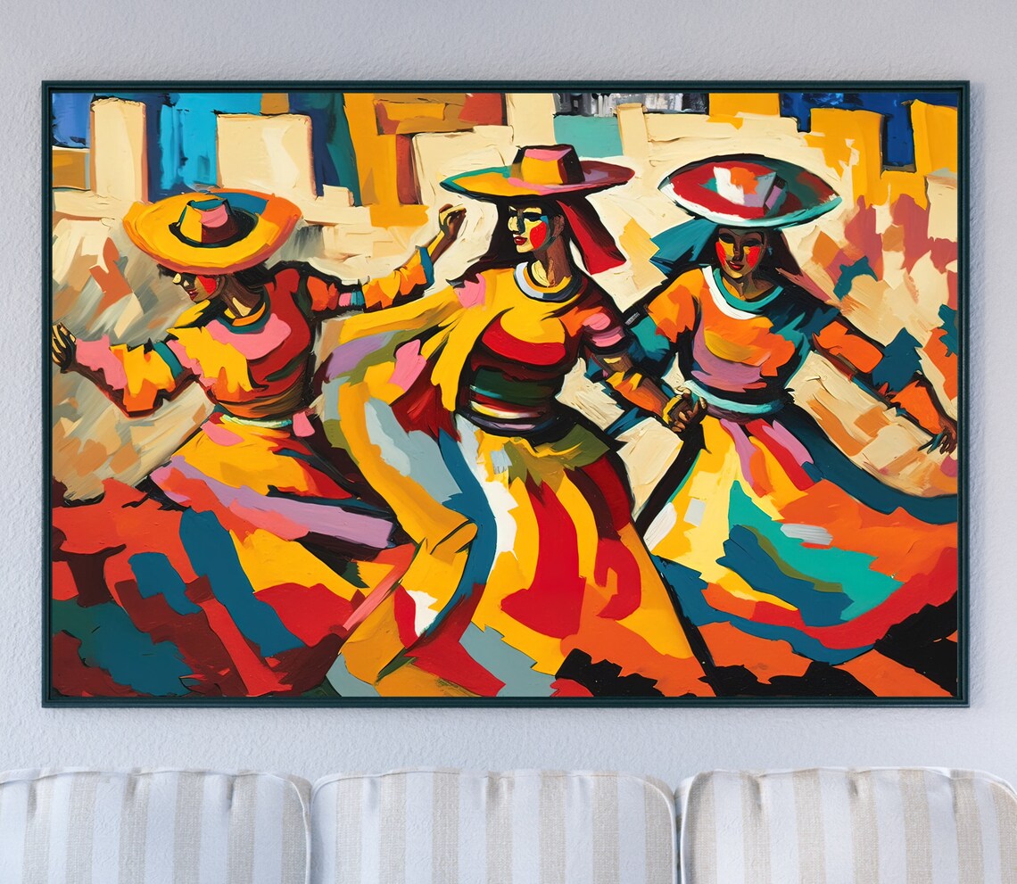 Mexican Folk Dancers in Bright Costumes and Sombreros Oil Painting Poster - Image 5