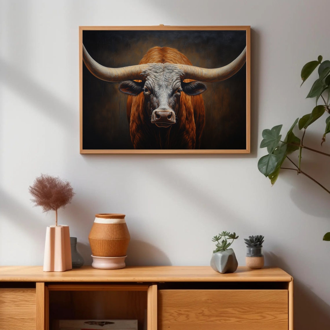 Longhorn Bull Close Up Against Dark Dramatic Background Poster - Image 3