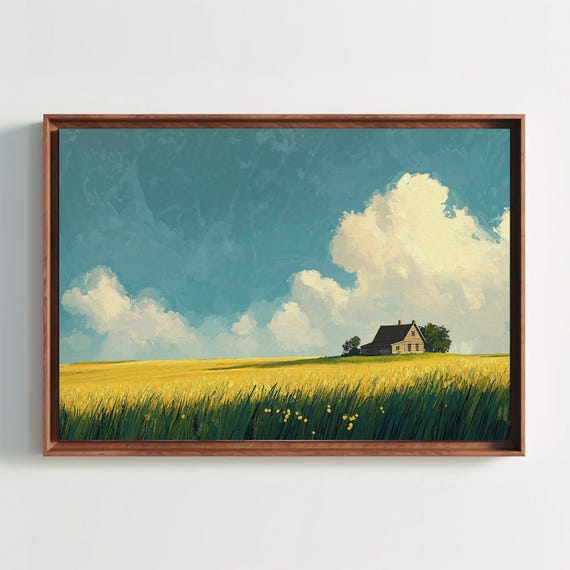 Rolling Prairie Fields Under A Clear Blue Sky Print Rustic Farmhouse Landscape Painting Country Wall Art For Living Room Or Kitchen