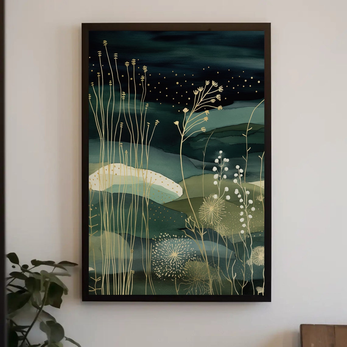 Golden Grasses Night Garden Dark Teal Botanical Artwork Poster