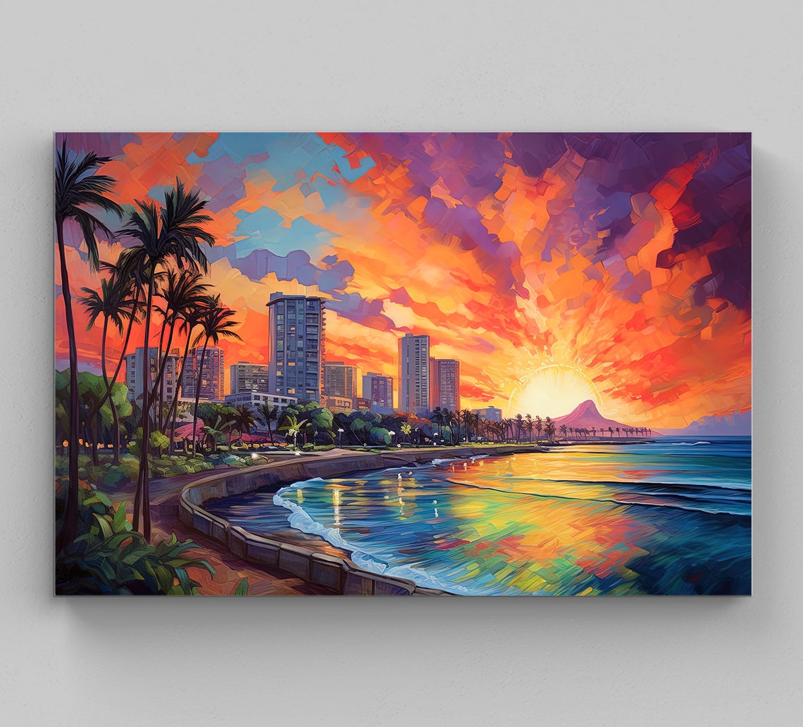 Honolulu Waikiki Beach Sunset Skyline in Painterly Style Poster
