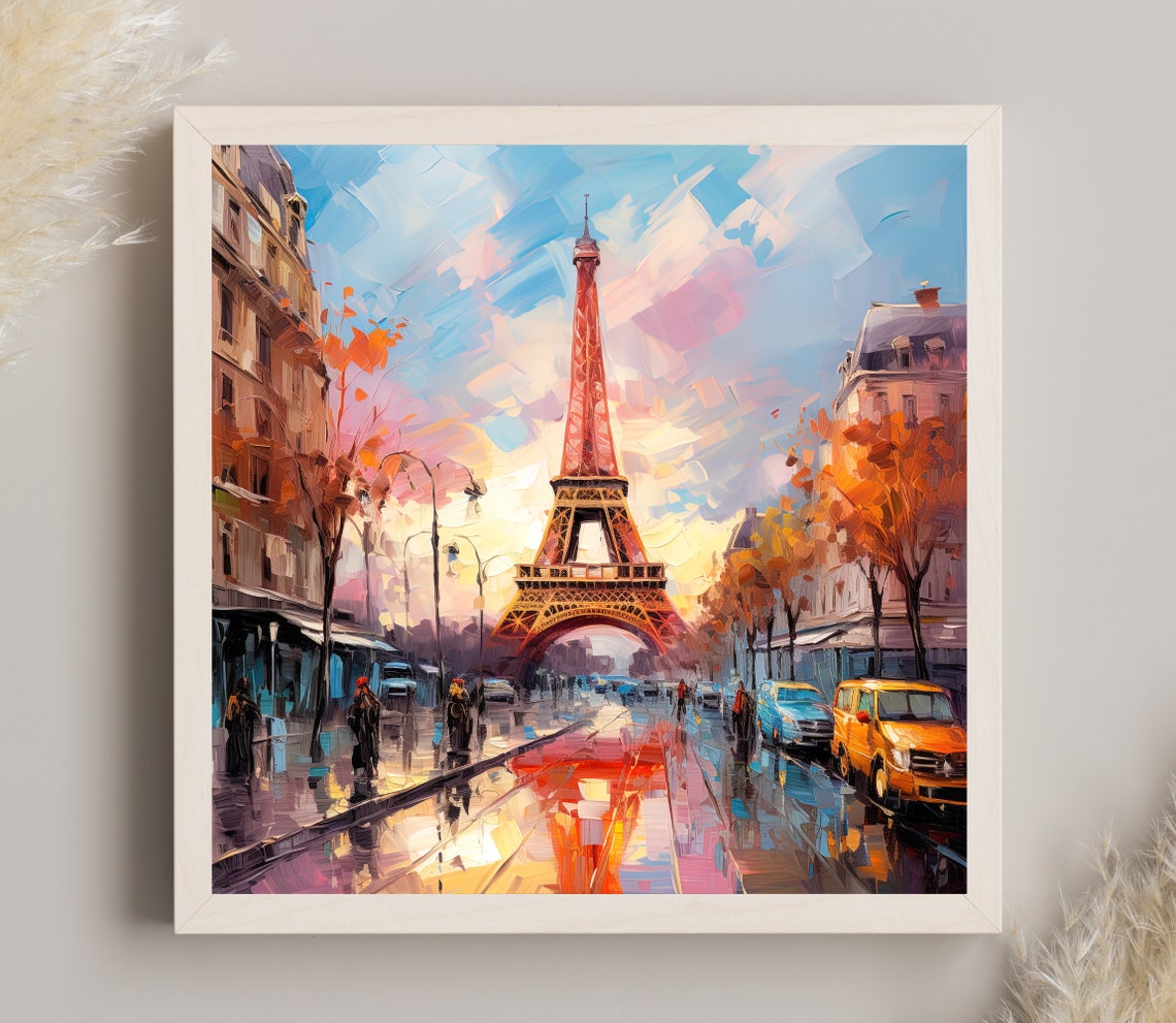 Paris Eiffel Tower Sunlit Street Classic Cars Impressionist Poster
