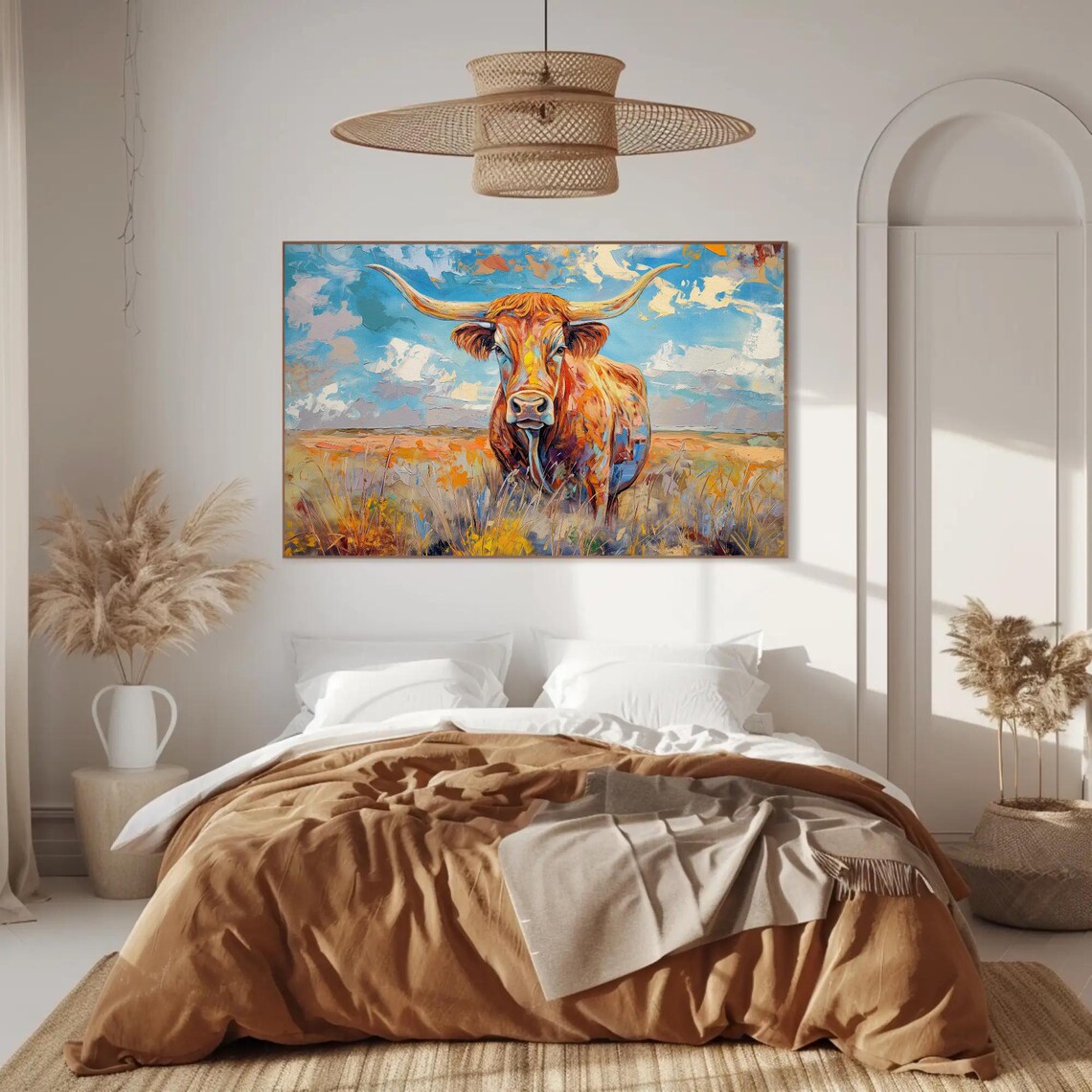 Texas Longhorn In A Field, Rustic Western Wall Art Print - Image 3