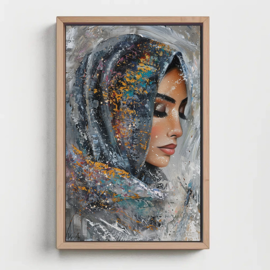 Abstract Veiled Woman Profile Poster with Paint Splatter Texture - Image 2