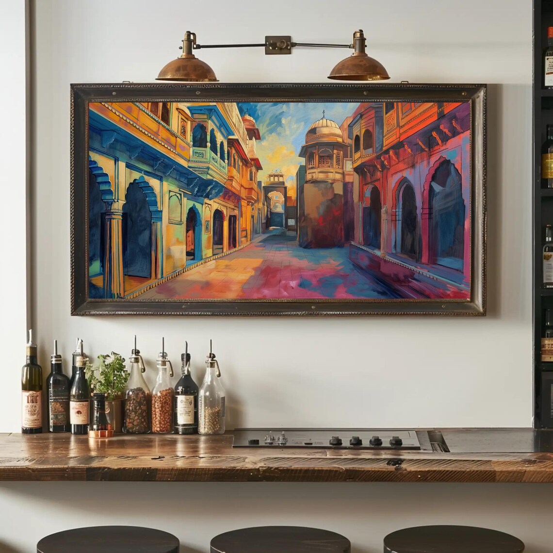 Jaipur Streets Colorful Oil Painting Indian Wall Art Framed Rajasthan Cityscape For Living Room Bedroom Office Ready To Hang - Image 4
