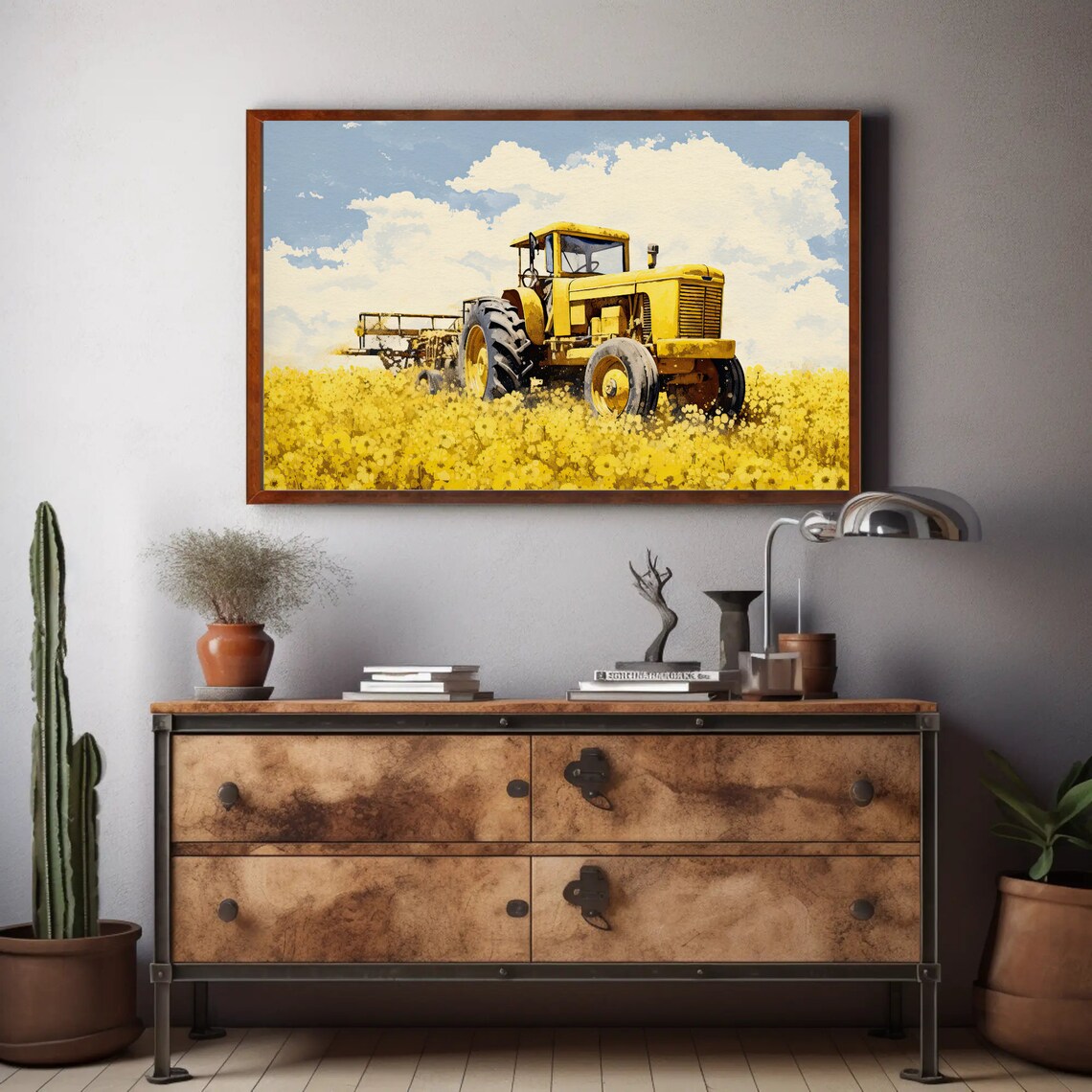 Vintage Yellow Tractor in Mustard Field Farm Painting Poster - Image 2